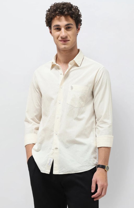 US POLO Men Casual Full Sleeve Shirt Ivory