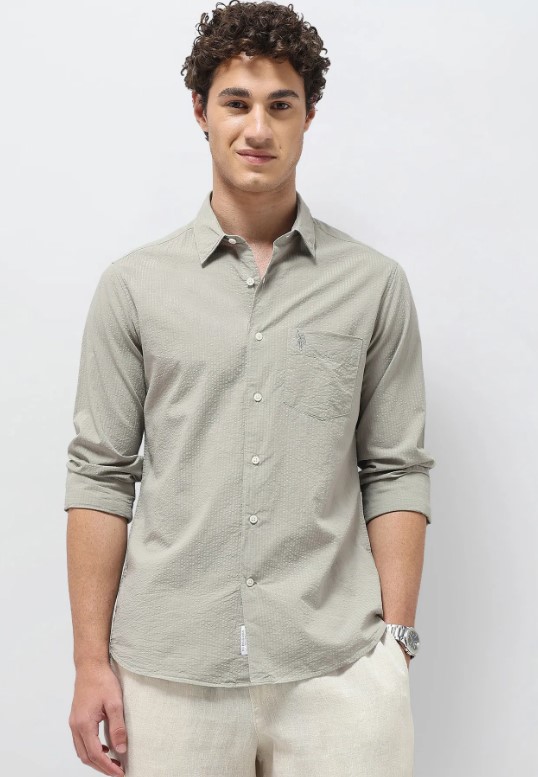 US POLO Men Casual Full Sleeve Shirt Olive