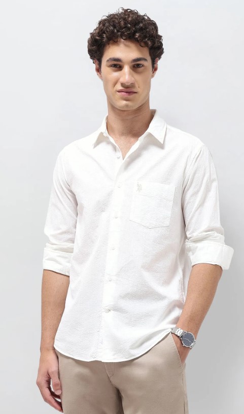 US POLO Men Casual Full Sleeve Shirt Off White