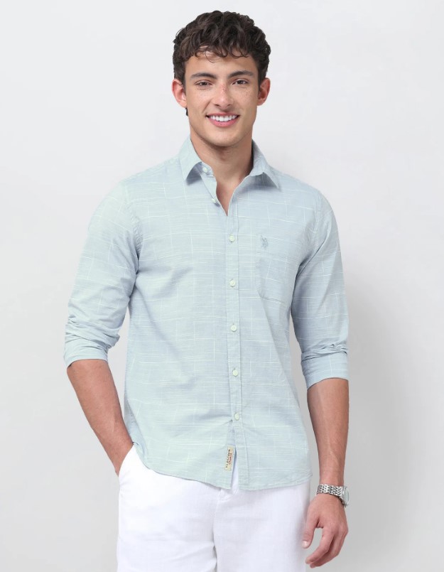 US POLO Men Casual Full Sleeve Shirt Aqua