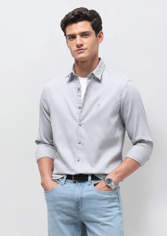 US POLO Men Casual Full Sleeve Shirt Lt. Grey