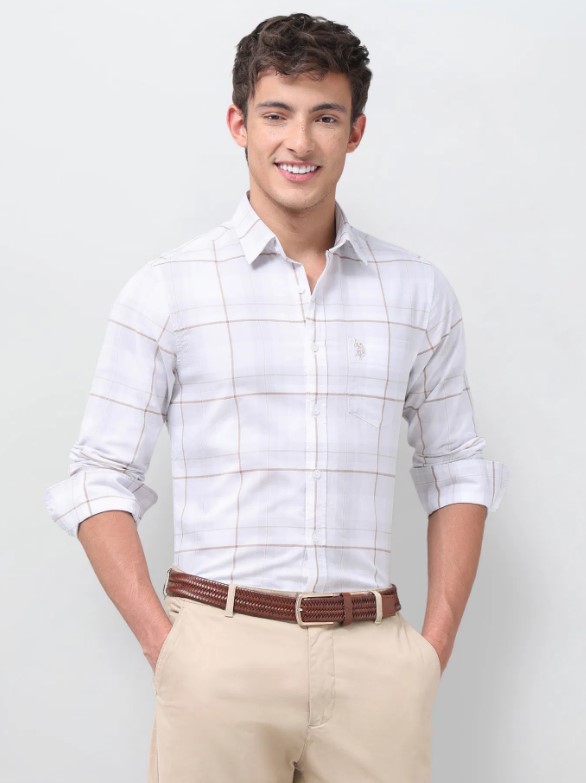 US POLO Men Casual Full Sleeve Shirt Lt. Khaki