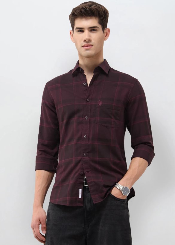 US POLO Men Casual Full Sleeve Shirt Maroon