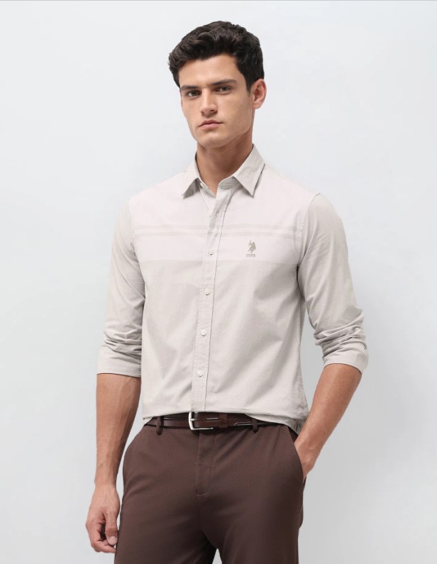 US POLO Men Casual Full Sleeve Shirt Beige