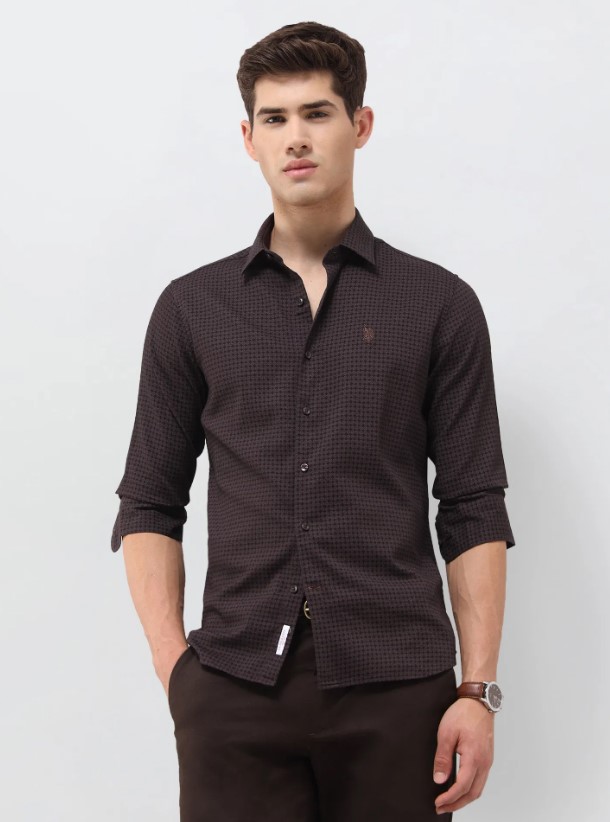 US POLO Men Casual Full Sleeve Shirt Wine