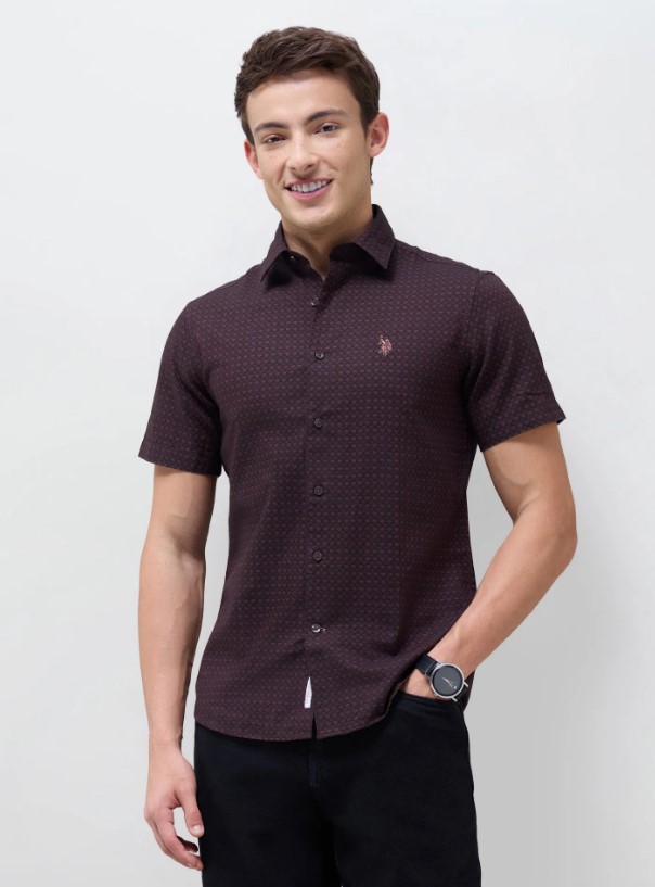 US POLO Men Casual Half Sleeve Shirt Maroon
