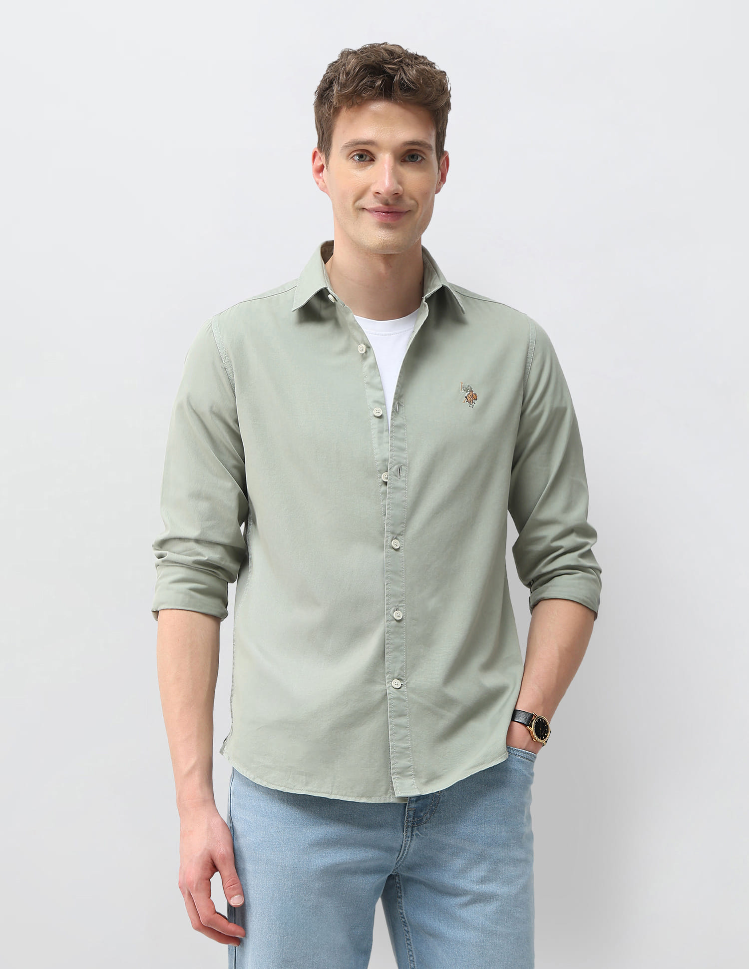 US POLO Men Casual Full Sleeve Shirt Lt. Green