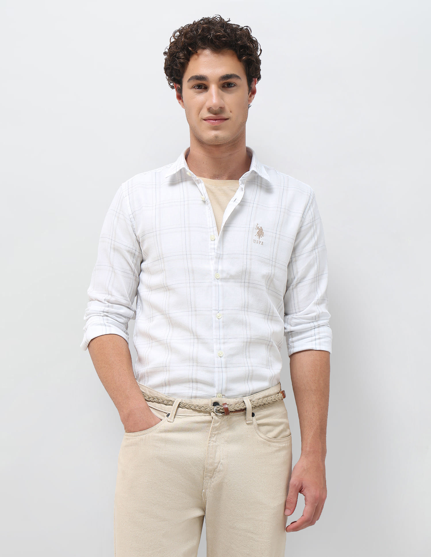 US POLO Men Casual Full Sleeve Shirt Ecru