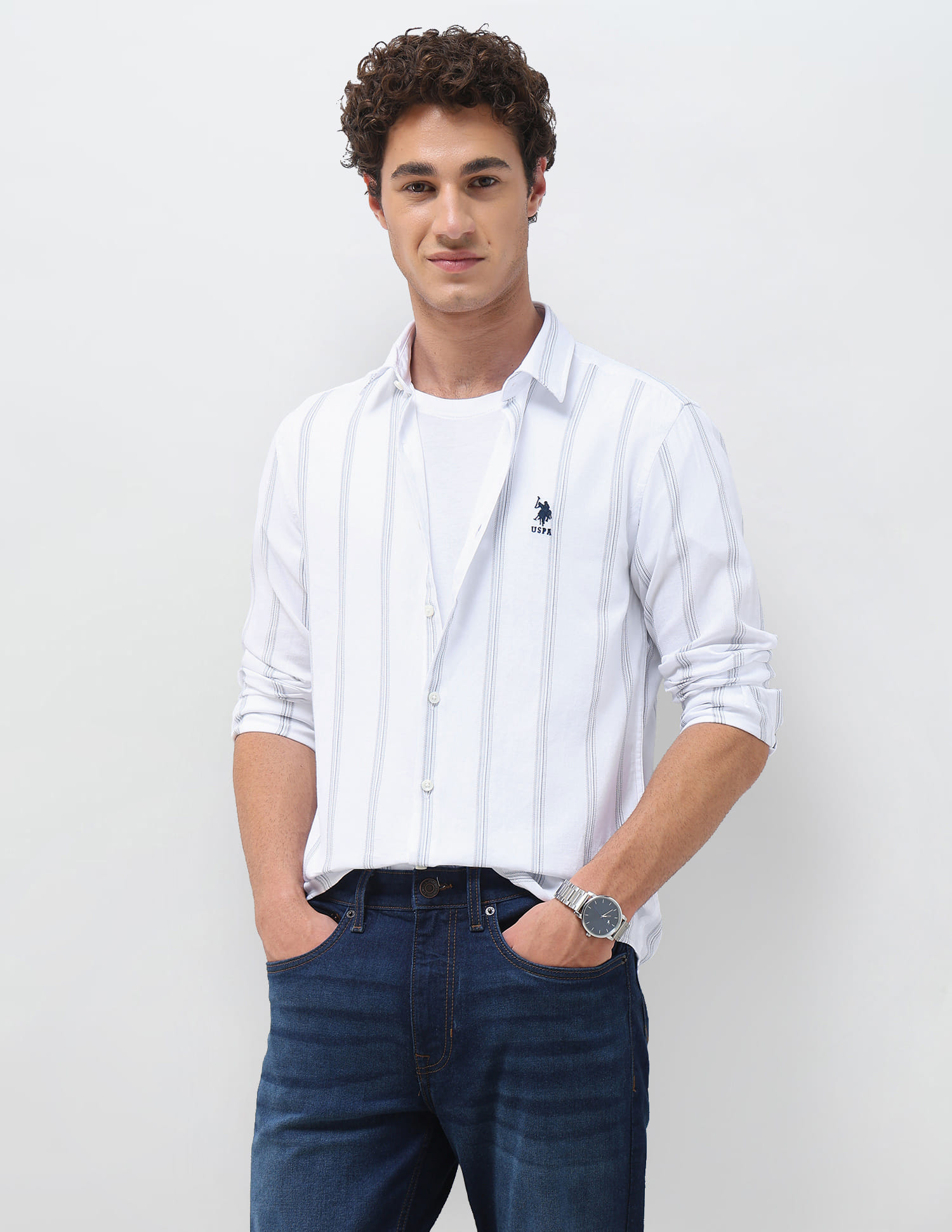 US POLO Men Casual Full Sleeve Shirt Blue