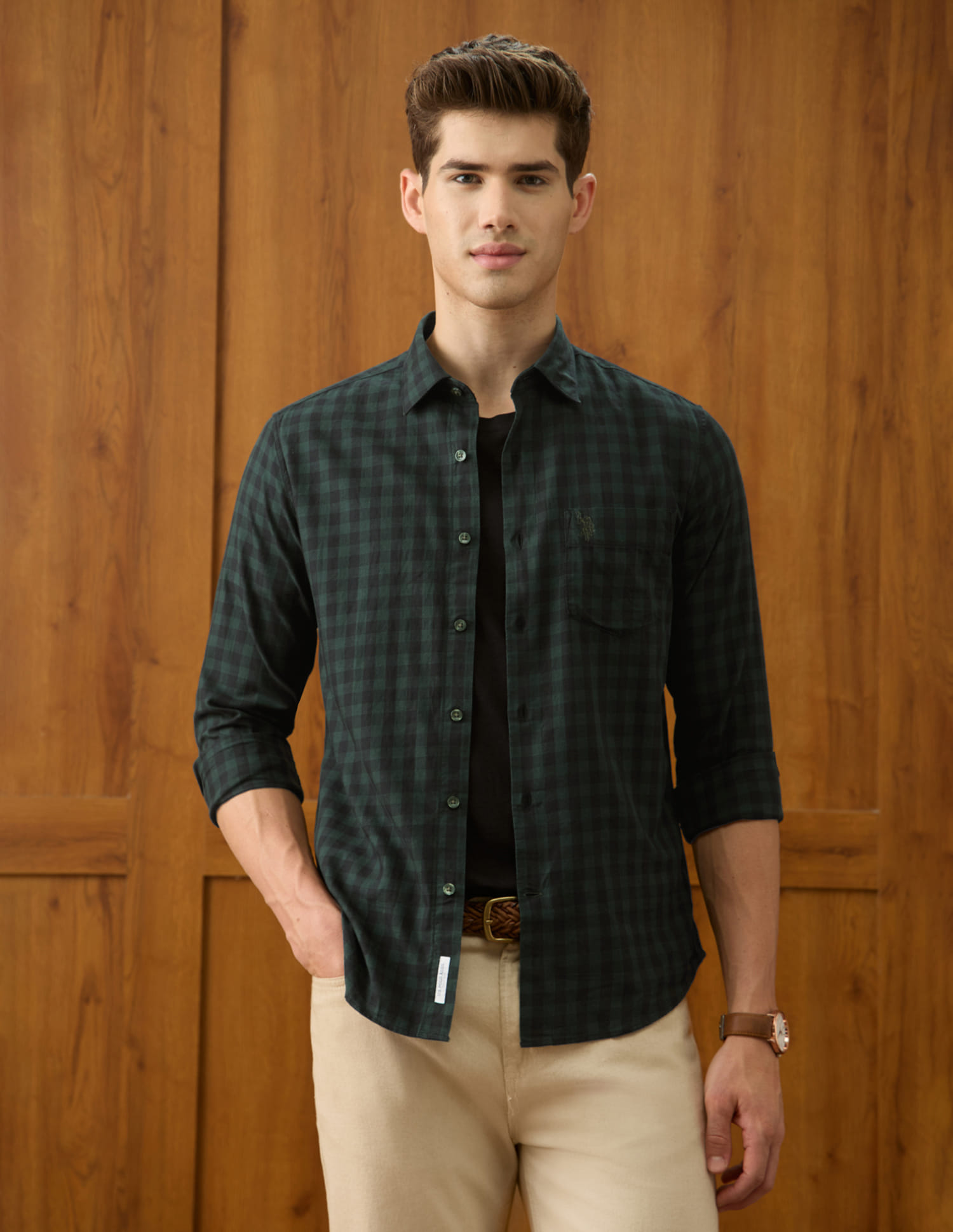 US POLO Men Casual Full Sleeve Shirt Olive