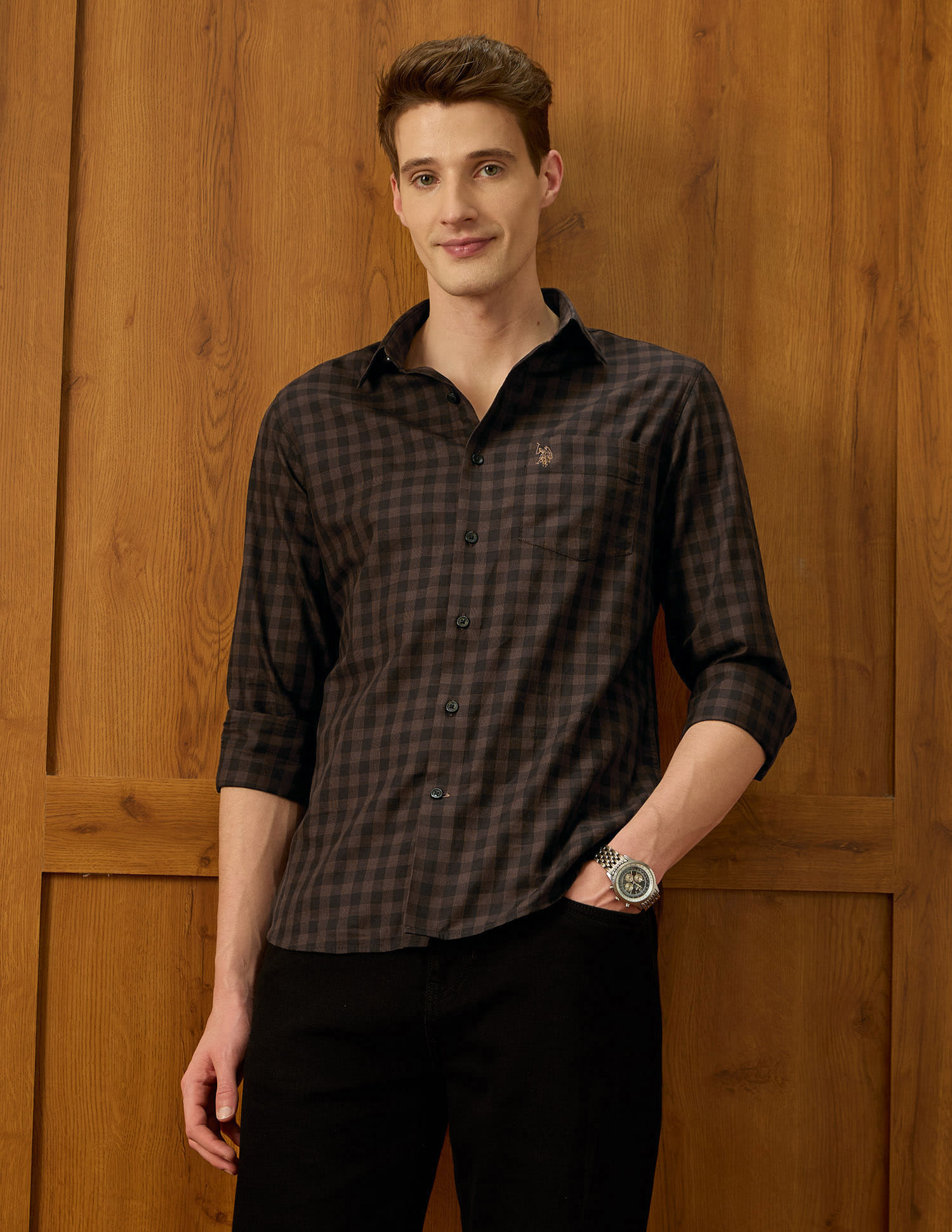 US POLO Men Casual Full Sleeve Shirt Brown