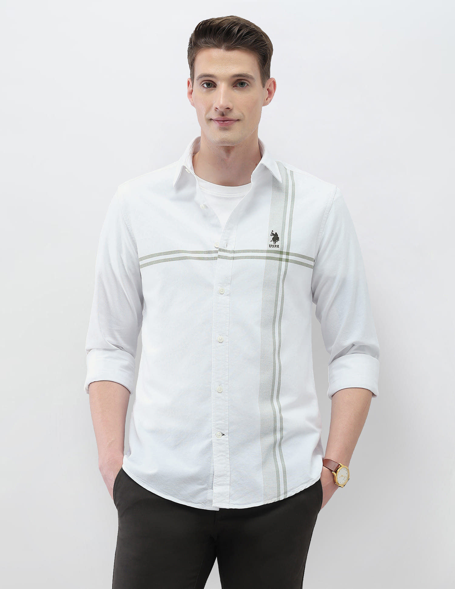 US POLO Men Casual Full Sleeve Shirt Green