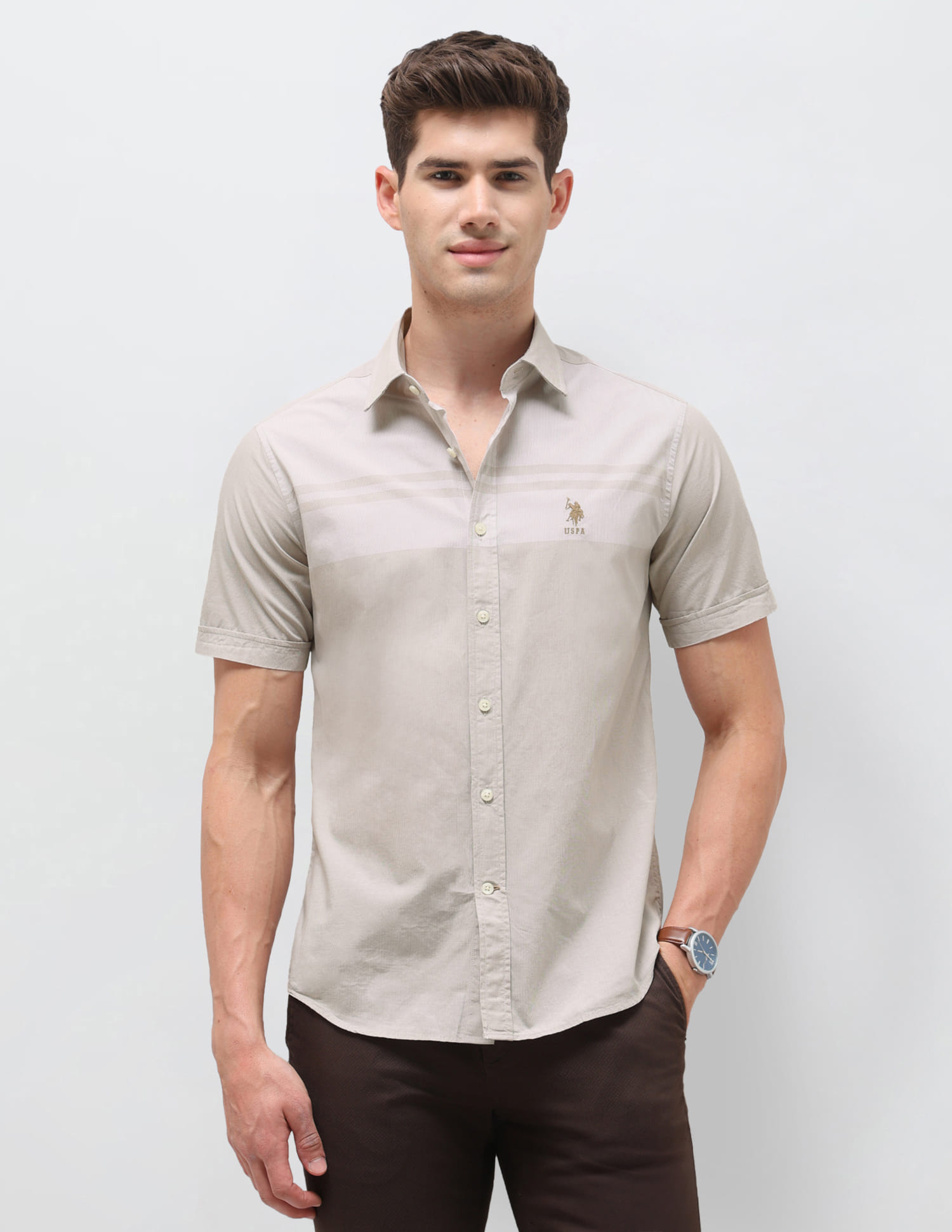 US POLO Men Casual Half Sleeve Shirt Beige
