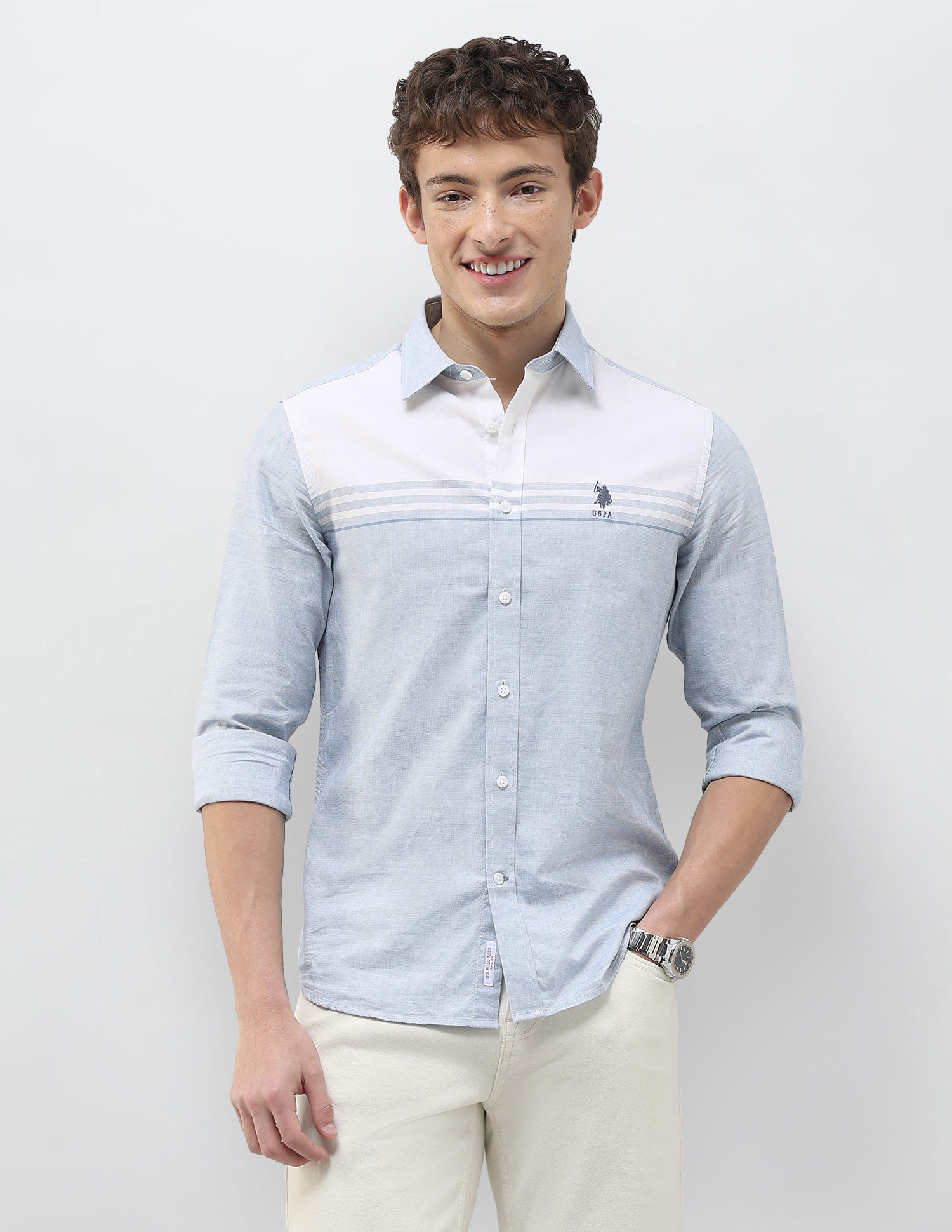 US POLO Men Casual Full Sleeve Shirt Blue