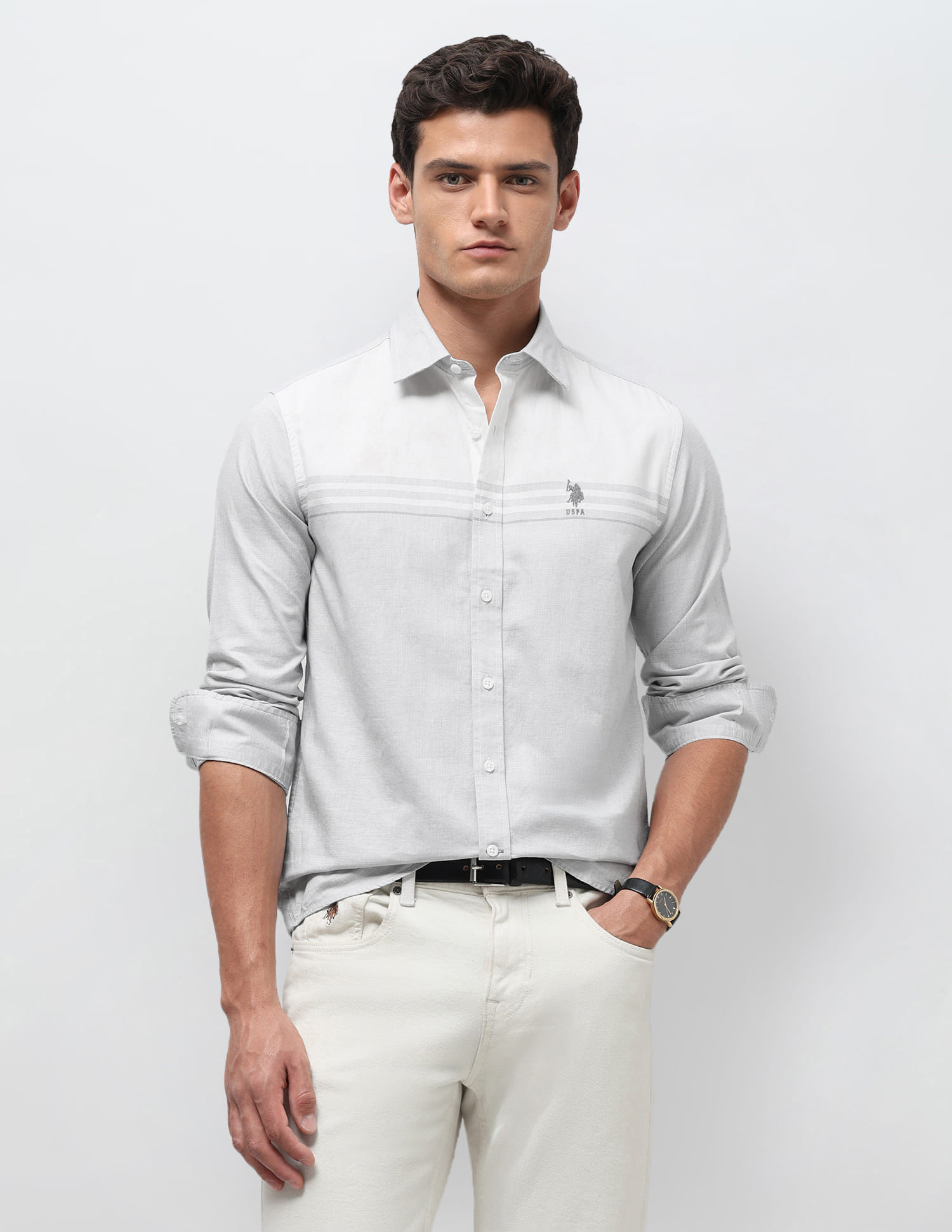 US POLO Men Casual Full Sleeve Shirt Grey