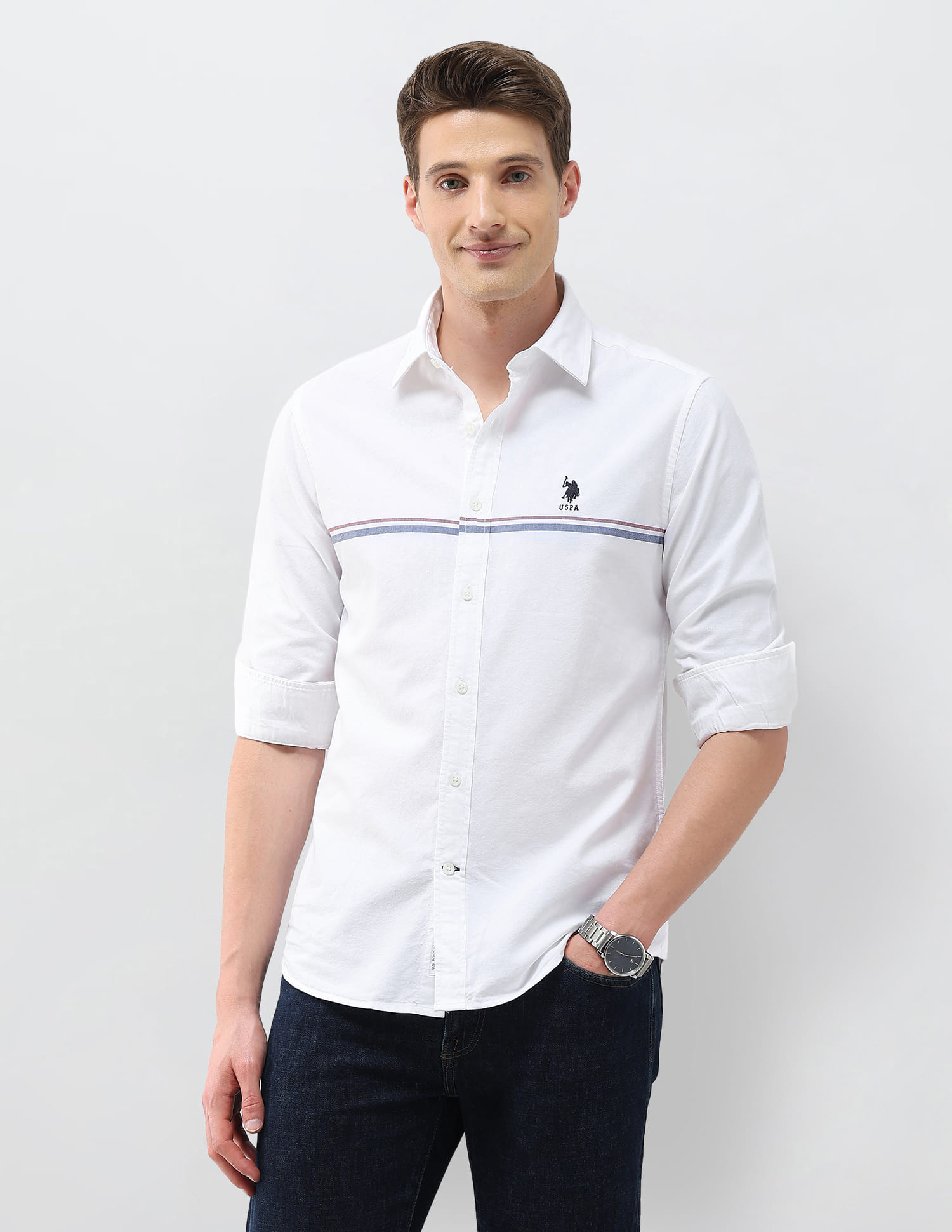 US POLO Men Casual Full Sleeve Shirt White