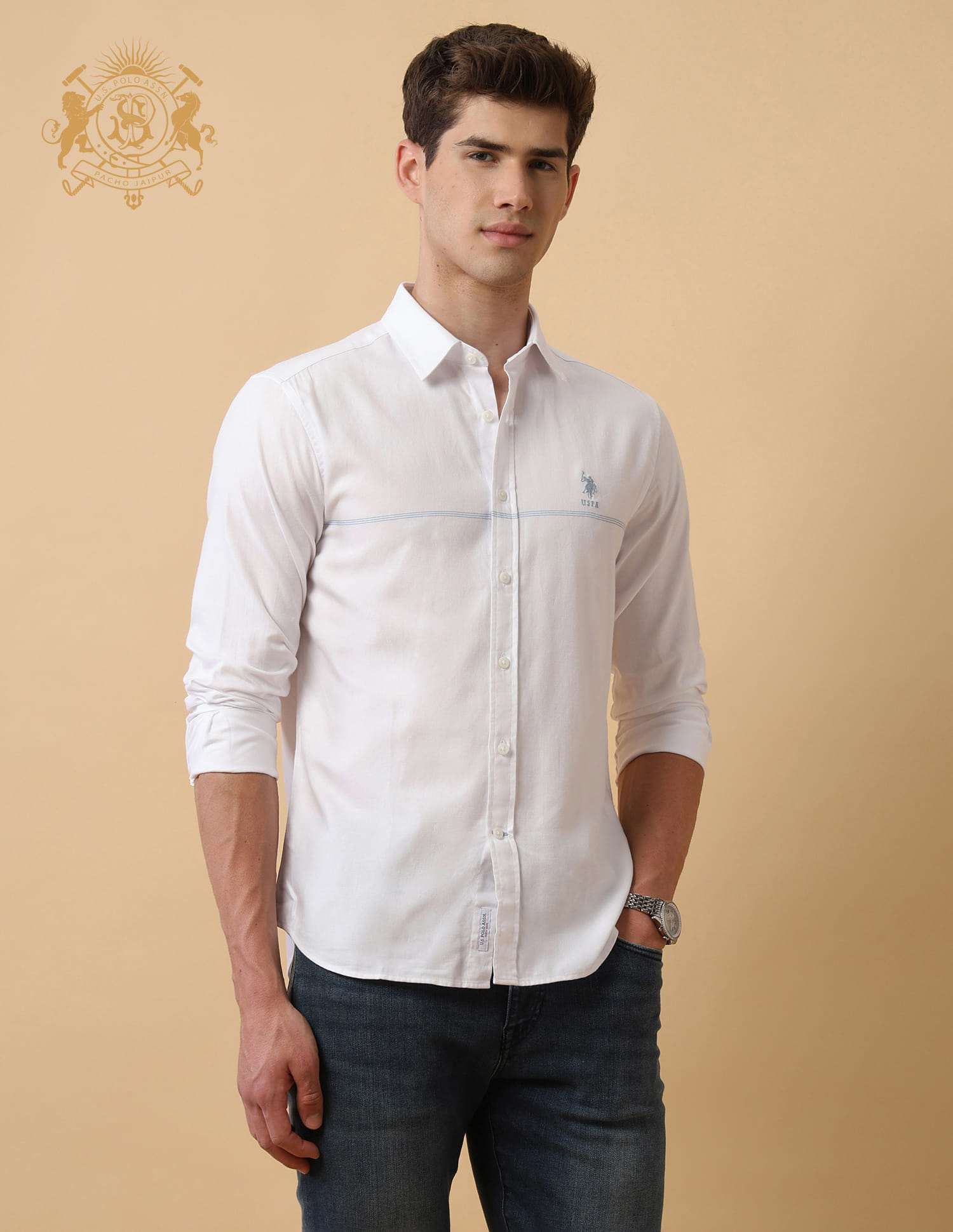 US POLO Men Casual Full Sleeve Shirt White