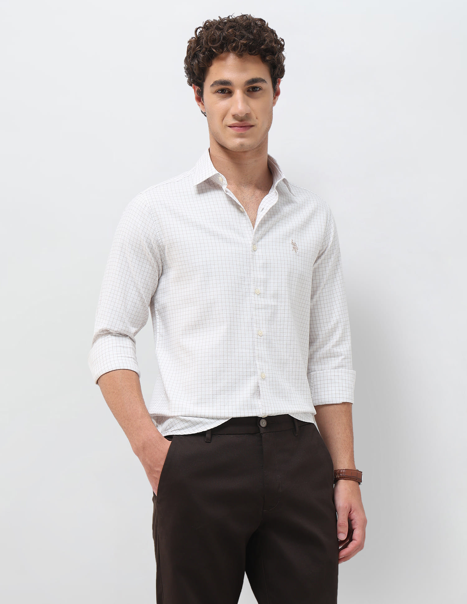 US POLO Men Casual Full Sleeve Shirt Ivory