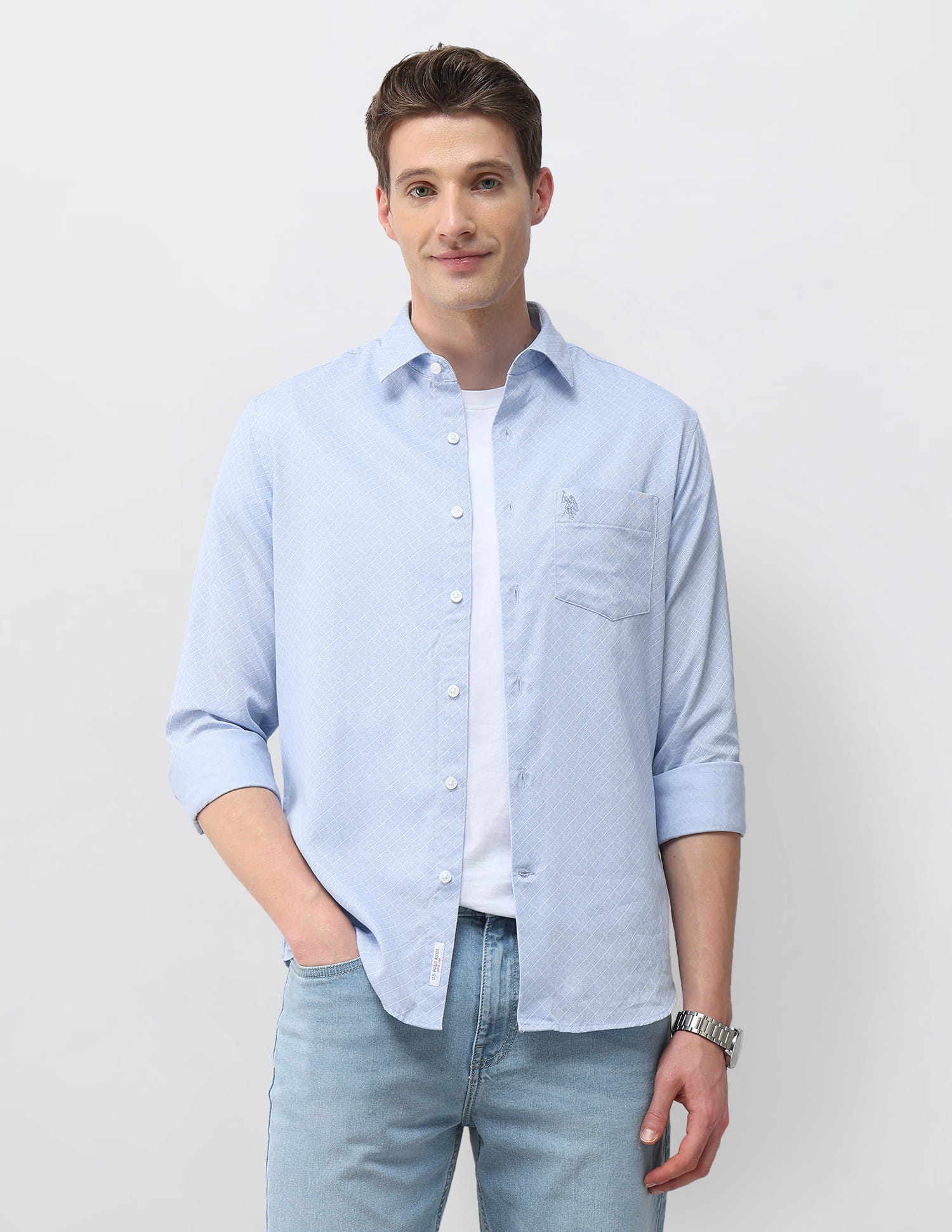 US POLO Men Casual Full Sleeve Shirt Lt. Blue