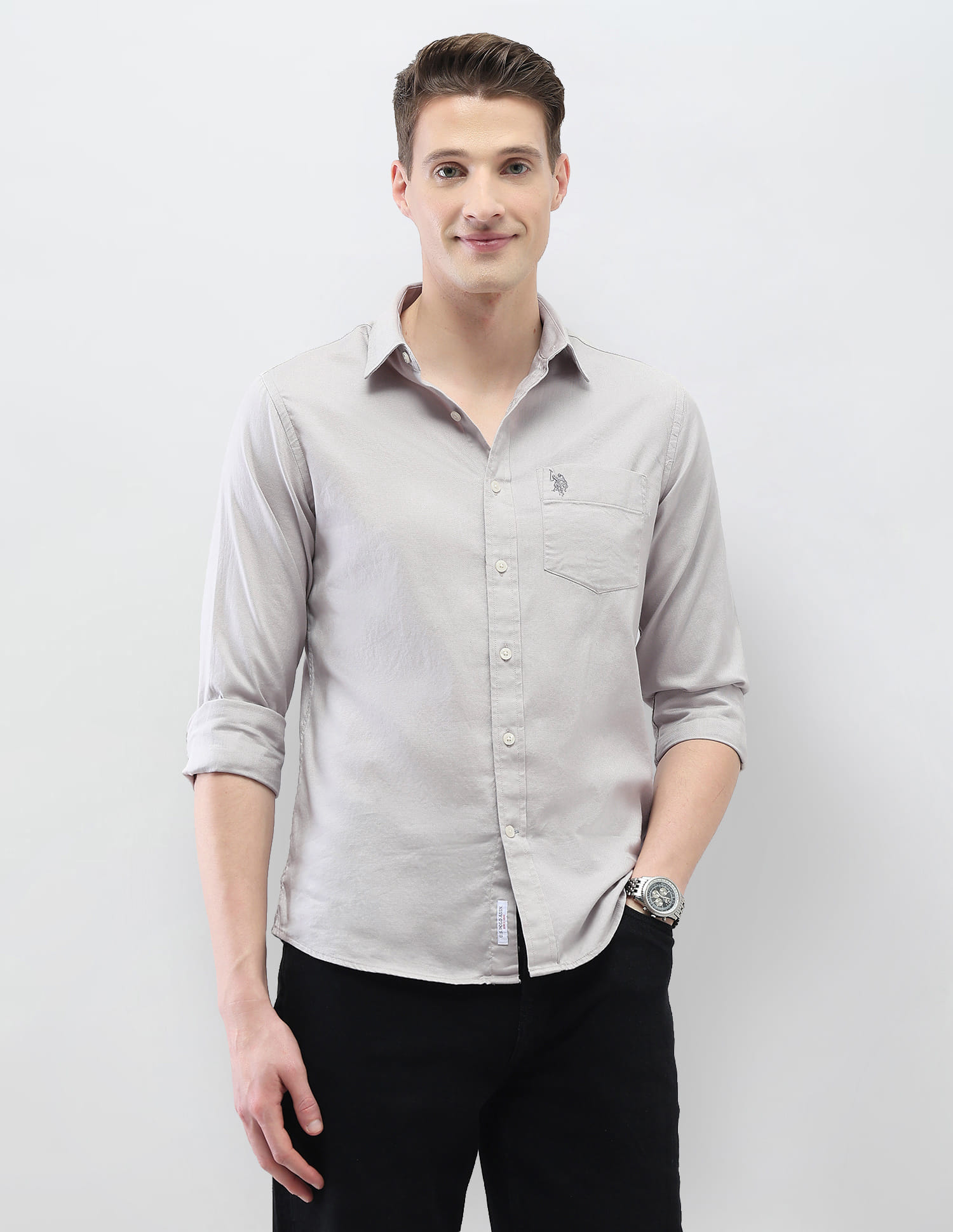 US POLO Men Casual Full Sleeve Shirt Lt. Grey