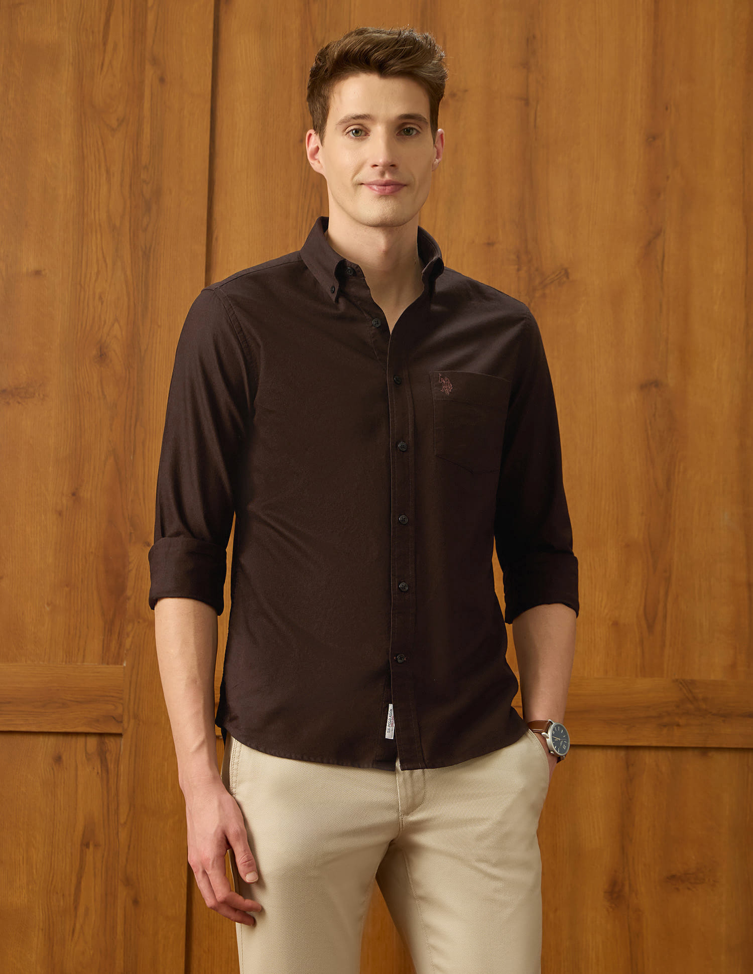 US POLO Men Casual Full Sleeve Shirt Choco