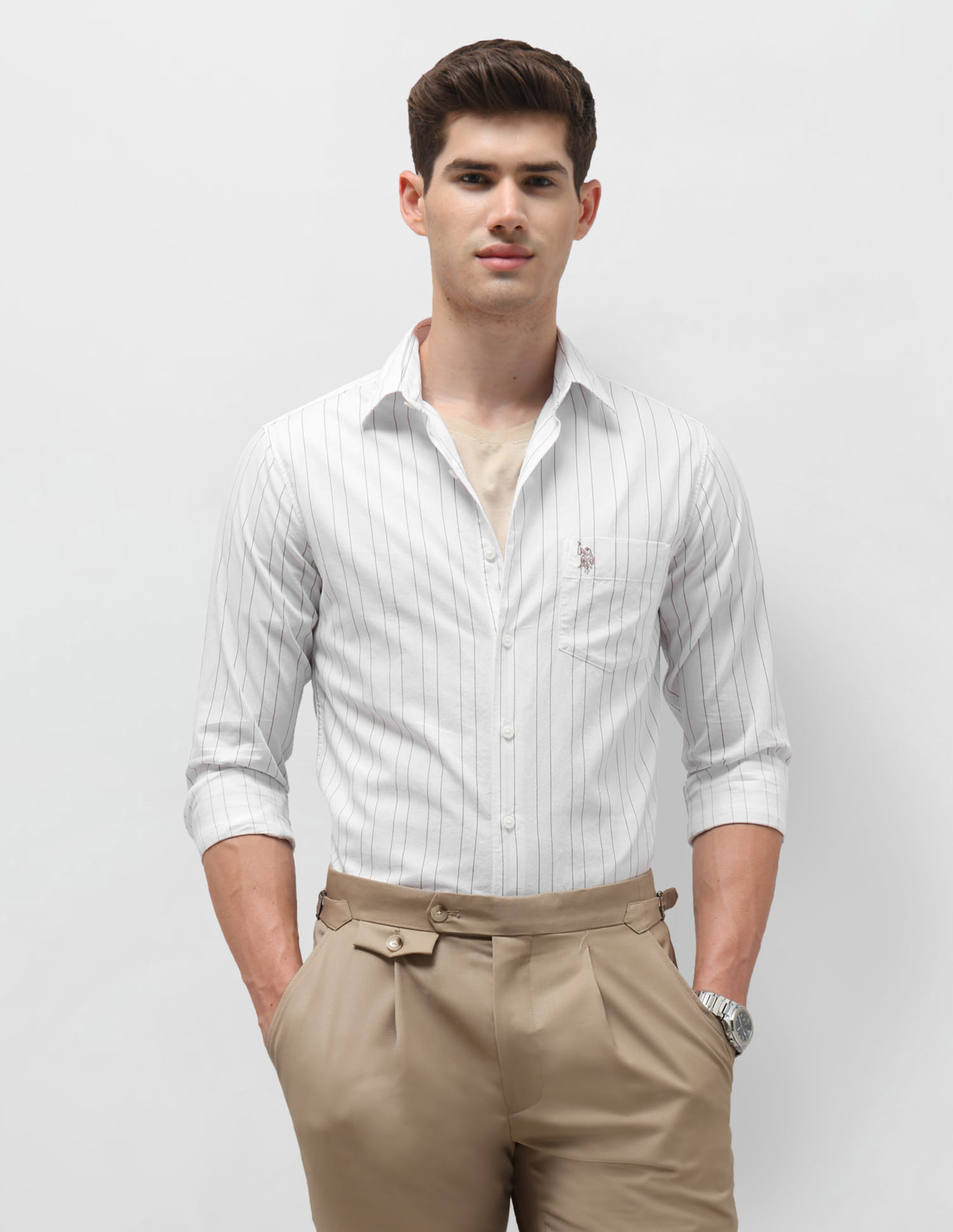 US POLO Men Casual Full Sleeve Shirt Khaki