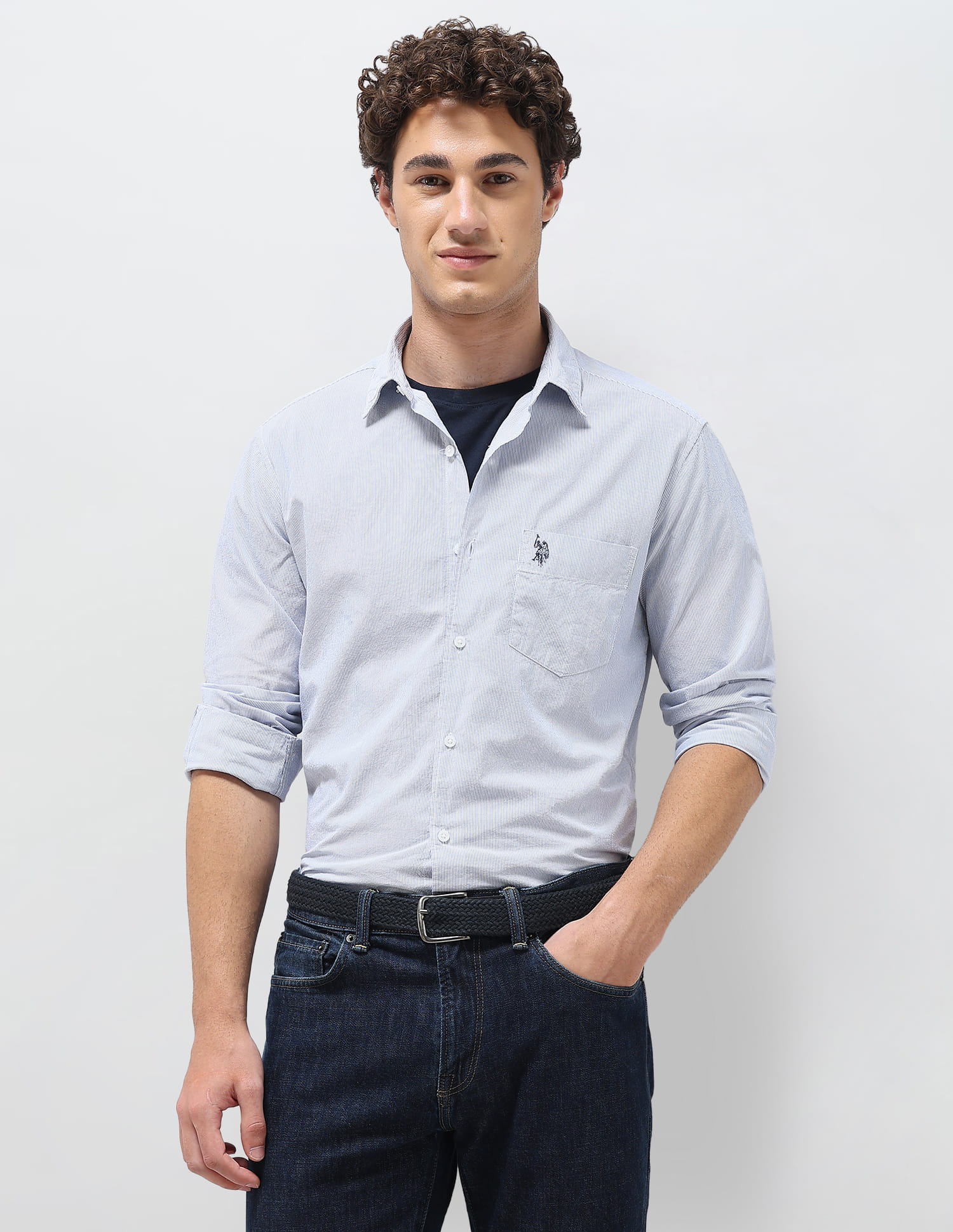 US POLO Men Casual Full Sleeve Shirt Blue