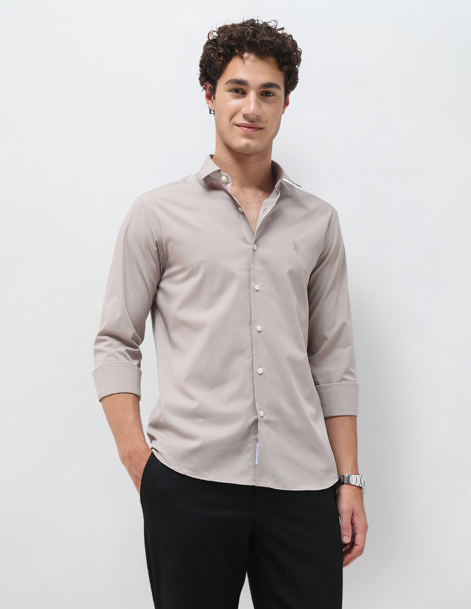 US POLO Men Casual Shirt Lt Beige