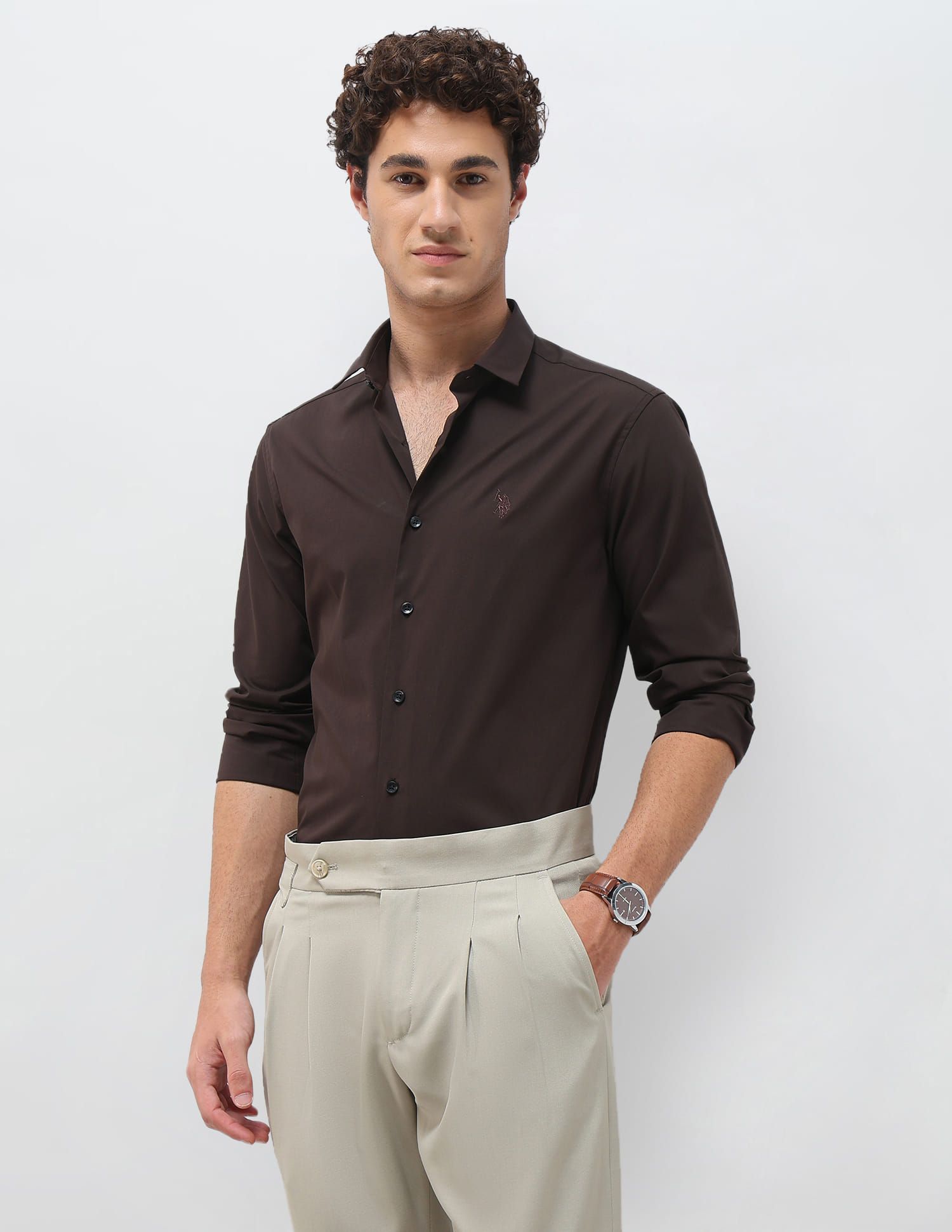 US POLO Men Casual Shirt Choco