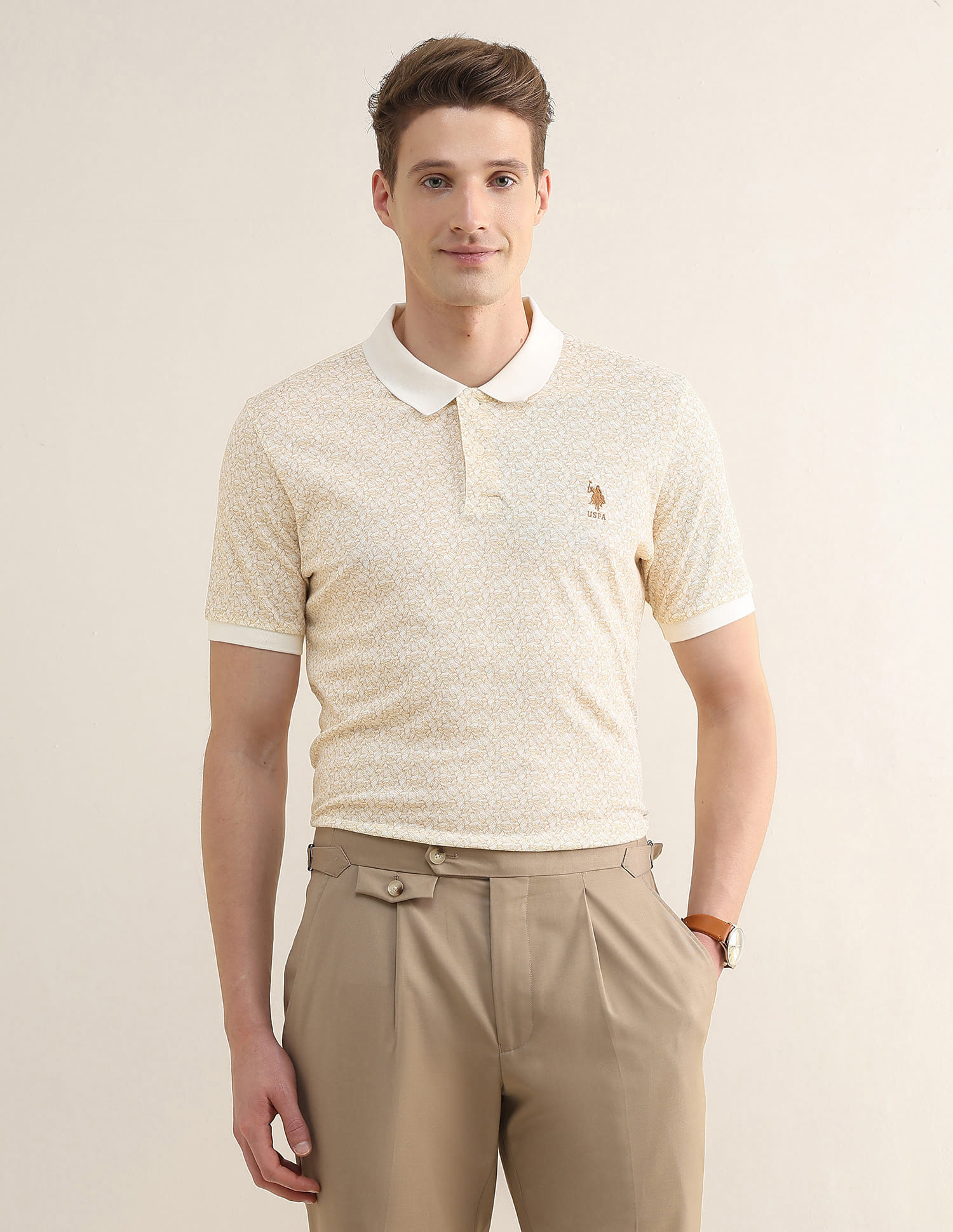 US POLO Men Casual Half Sleeve T-Shirt Beige
