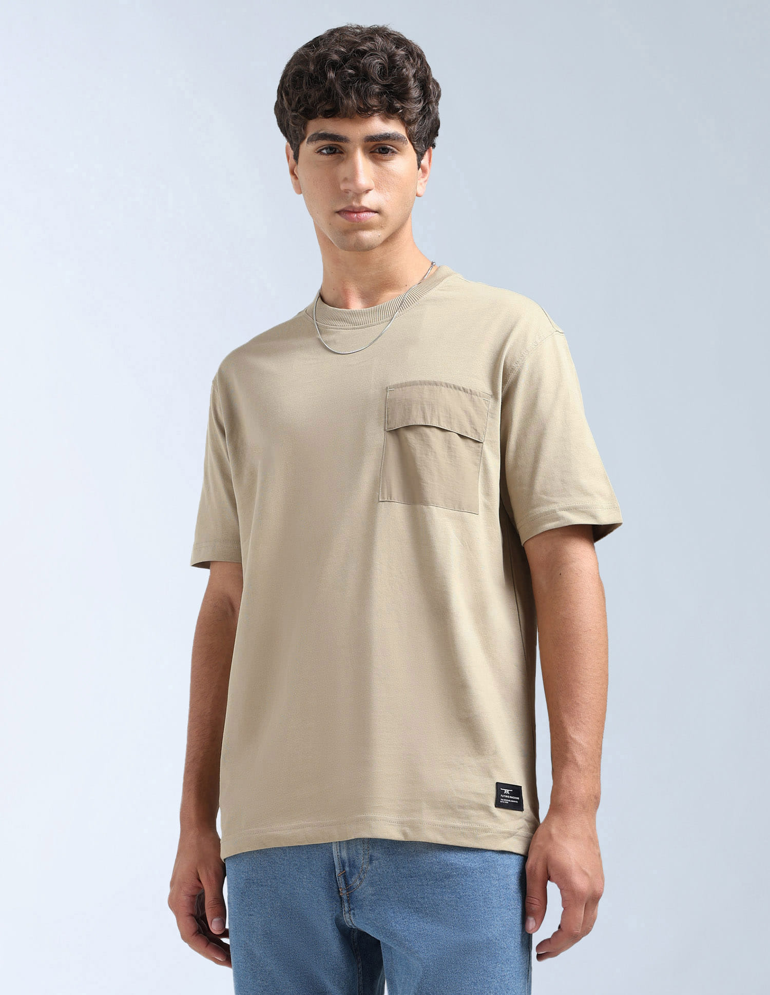 Flying Machine Men Casual T Shirt Crew Beige