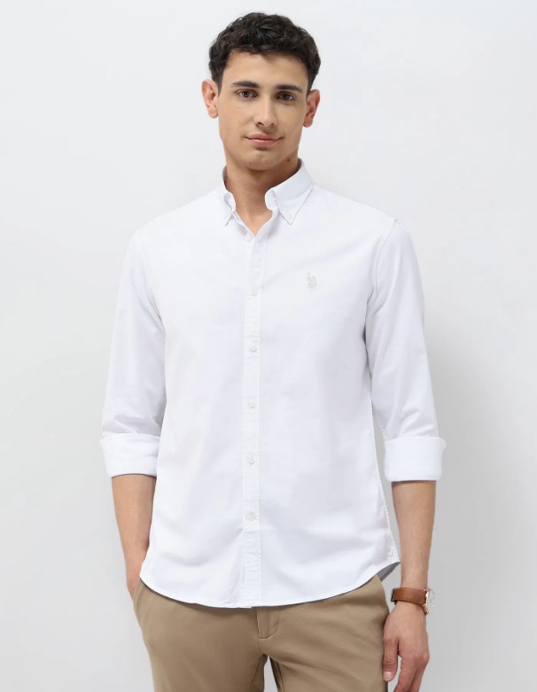 US POLO Men Casual Pointed Collar Shirt White