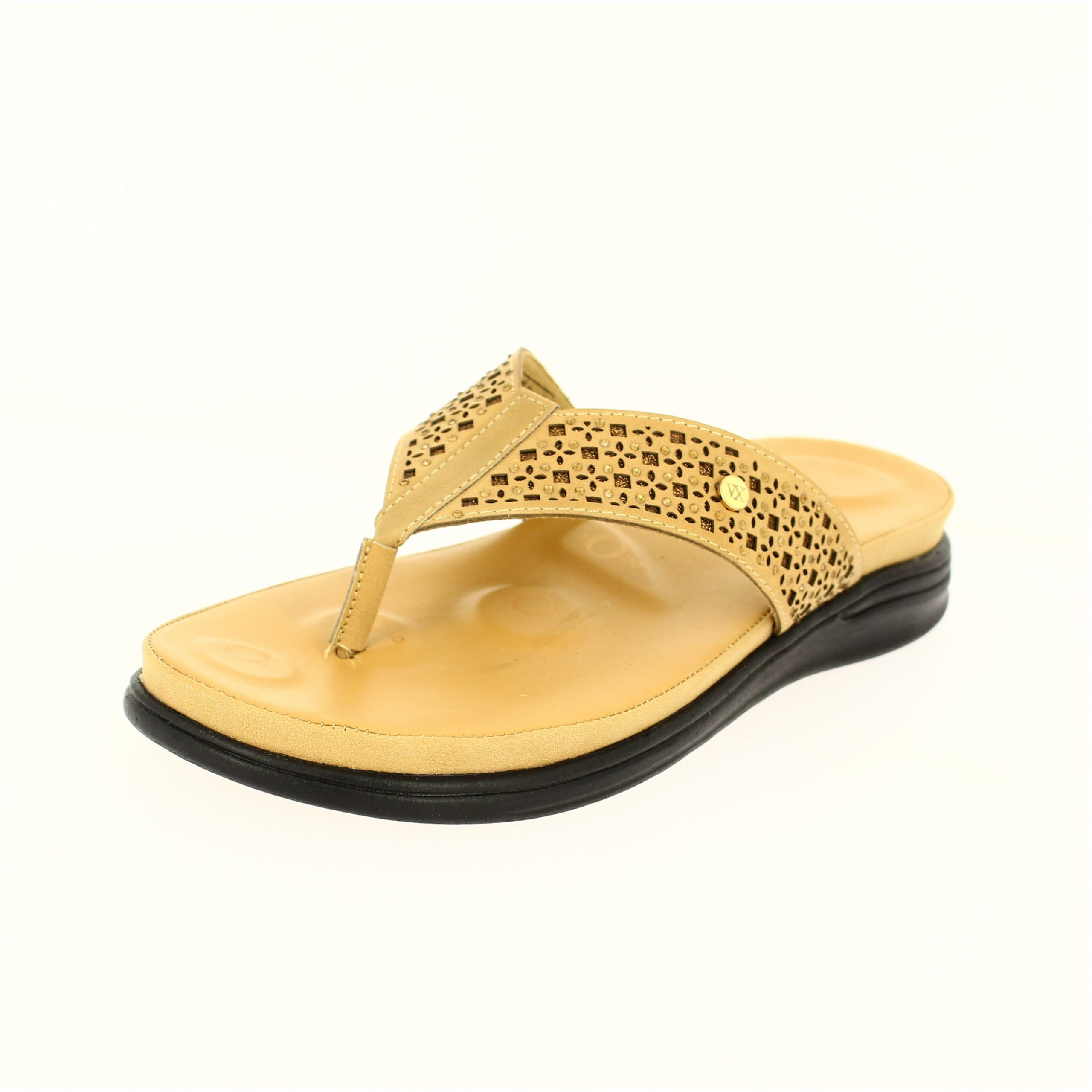 Von Wellx Women Casual T-Strap Slippers Beige